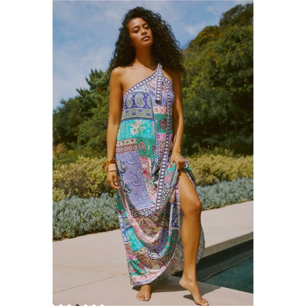 By Anthropologie One-Shoulder Bow Dress Boho Maxi Dress Patchwork Paisley Print